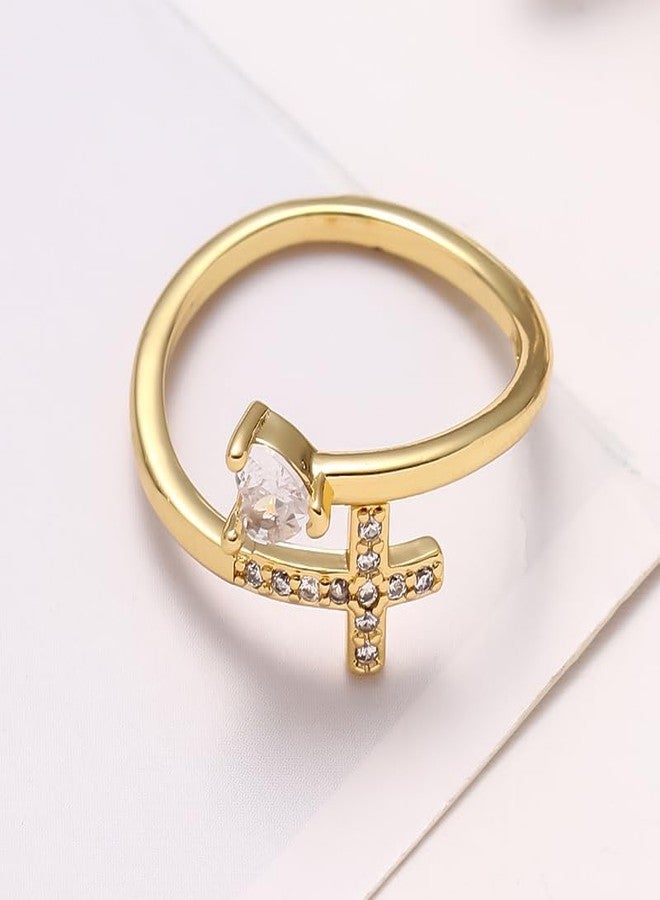 DATOA Gold Cross Heart Ring Cubic Zirconia Open Adjustable Ring Religious Christian Faith Jewelry for Her-Gold - Image 3